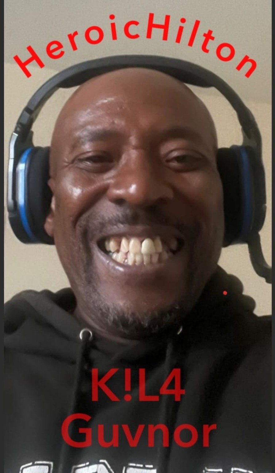 K!L4 HeroicHilton memorial-style gaming image with The Guvnor smiling in a headset